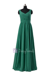 Jade green chiffon bridal party dress long v-neckline pleated elegant long formal dress(bm5196l)