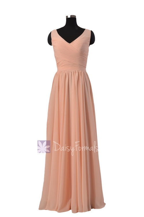 Qualty nude color formal bridesmaid dress floor length chiffon party dress w/v-neck(bm5196l)