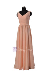 Qualty nude color formal bridesmaid dress floor length chiffon party dresses w/v-neck(bm5196l)