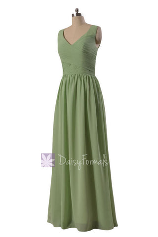 Graceful V-Neck Chiffon Bridesmaid Dress Long Green Bridal Pary Dress(BM5196L)
