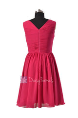Modest knee length bridal party dress fuchsia v-neck discount formal dresses(bm5196m)