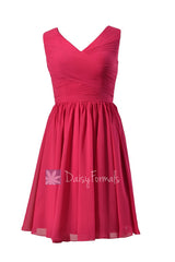 Modest knee length bridal party dress fuchsia v-neck discount formal dress(bm5196m)