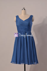 Sophisticated blue chiffon dress short prussian blue bridesmaid dress party dresses(bm5196s)