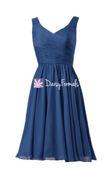 Sophisticated blue chiffon dress short prussian blue bridesmaid dress party dress(bm5196s)