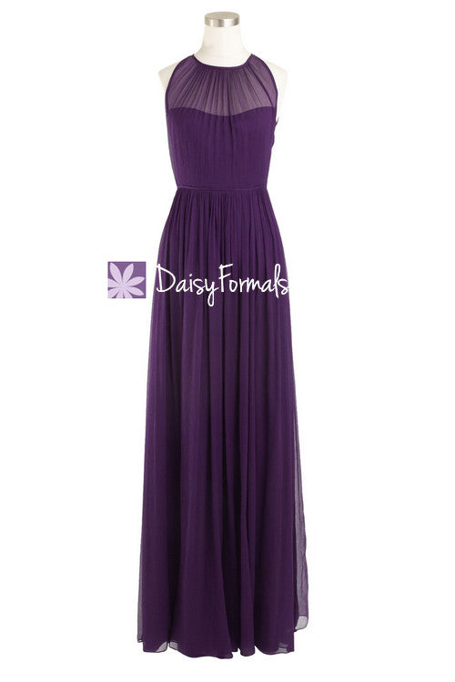 Dark plum elegant bridesmaid dress sleek illusion neckline vintage formal evening dress (bm5197l)