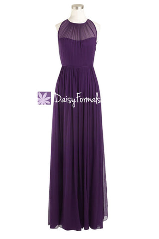 Dark Plum Bridesmaid Dress Sleek Illusion Neckline Vintage Evening Dress (BM5197L)