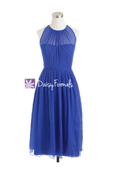 Royal blue party dress jewel neckline bridesmaid dress knee length formal party gown (bm5197s)