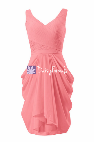 Floral Pleats Chiffon Party Dress Light Coral V Neckline Dress Bridesmaids Dress (BM5196A)