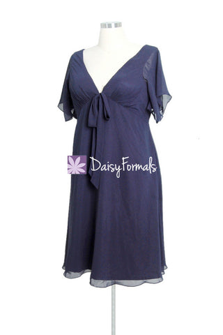 Custom Plus Size Tea Length Bridesmaid Dress V-Neck Navy Chiffon Dress(BM526T)