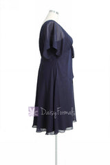 Custom plus size tea length bridesmaid dress v-neck navy chiffon dresses(bm526t)