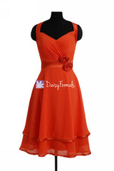 Deep coral halter neckline party dress sun burnt coral bridesmaids dresses (bm5281)