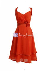 Deep coral halter neckline party dress sun burnt coral bridesmaids dress (bm5281)