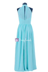 Sea blue chiffon bridesmaids dress online long light blue halter neckline party dresses (bm5742)
