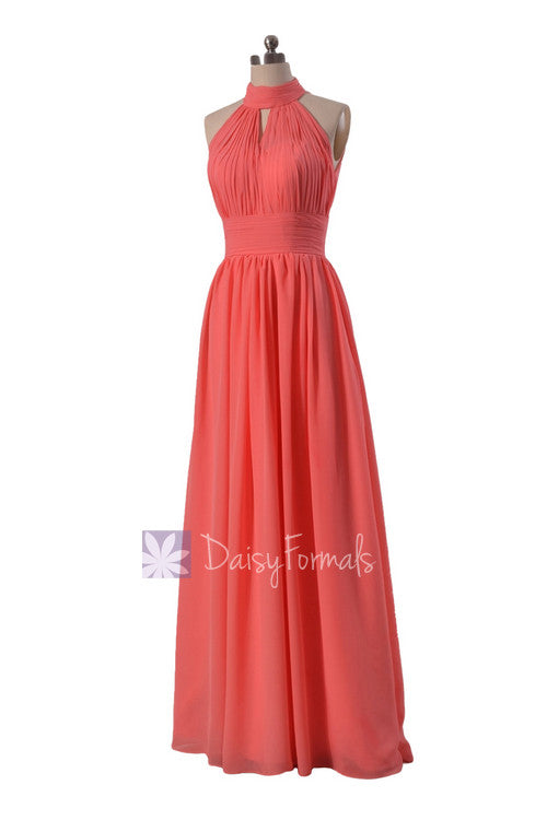 Elegant floor length high-collar sleeveless light coral evening dress bridal party dress(bm5742)
