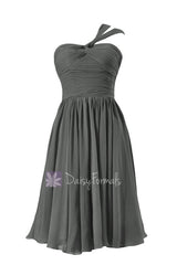 Chic short dark gray chiffon party dress one shoulder inexpensive bridesmaid dress(bm731s)