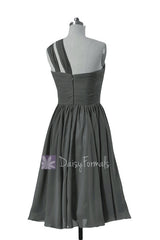 Chic Short Dark Gray Chiffon Party Dress One Shoulder Bridesmaid Dress(BM731S)