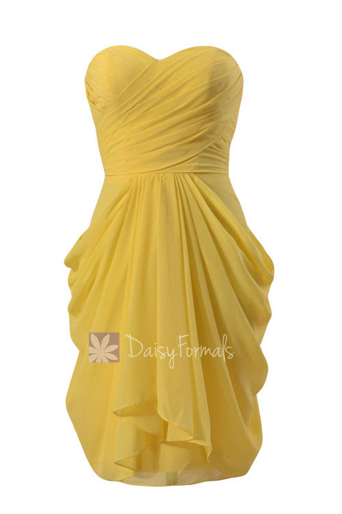 Daffodil yellow knee length strapless chiffon bridesmaid dress special occasion formal dress(bm643s)
