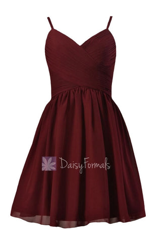 In stock,Ready to Ship - Mini Length Red Chiffon Bridesmaid Dress W/Spaghetti Straps (BM8515N)- (Falu Red)