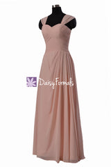 Lustrous linen unique chiffon bridesmaid dress stylish long party wears pleated dress (bm732)