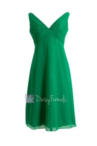 Knee Length Emerald Green Bridal Party Dress V-Neck Chiffon Formal Bridesmaid Dress(BM7726)