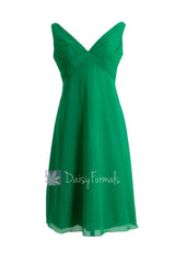 Knee length emerald green bridal party dress online v-neck chiffon formal bridesmaid dress(bm7726)