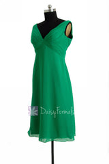 Knee length emerald green bridal party dress online v-neck chiffon formal bridesmaid dresses(bm7726)