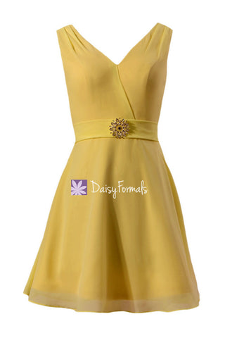 Goldenrod V-neckline Party Dress Beach Bridal Party Dress Cocktail Chiffon Prom Dress W/straps(BM7732)