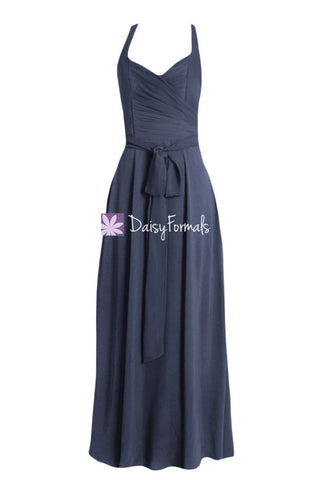 Full A-line Chiffon Party Dress Formal Dress Halter Neckline Navy Bridesmaids Dress (BM7747)