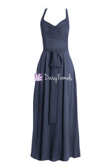 Full a-line chiffon party dress discount formal dress halter neckline navy bridesmaids dress (bm7747)