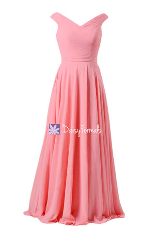 Off-Shoulder Bridesmaids Dress Long Light Coral Party Dress Sexy Evening Dress w/V Neckline (BM7888)