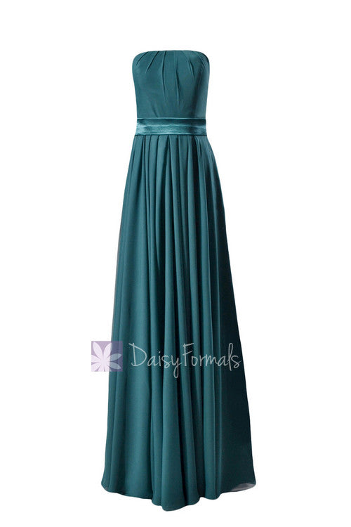 Charming strapless chiffon bridesmaid dress long dark teal evening dress(bm7893)