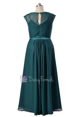 Delicate long bridal party dress dark teal chiffon bridesmaid dresses w/cap sleeves(bm7897)
