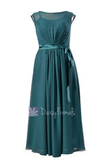 Delicate long bridal party dress dark teal chiffon bridesmaid dress w/cap sleeves(bm7897)