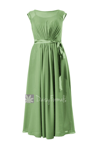 Elegant Floor Length Bridemaid Dress Sage Green Chiffon Formal Dress W/Cap Sleeves(BM7897)