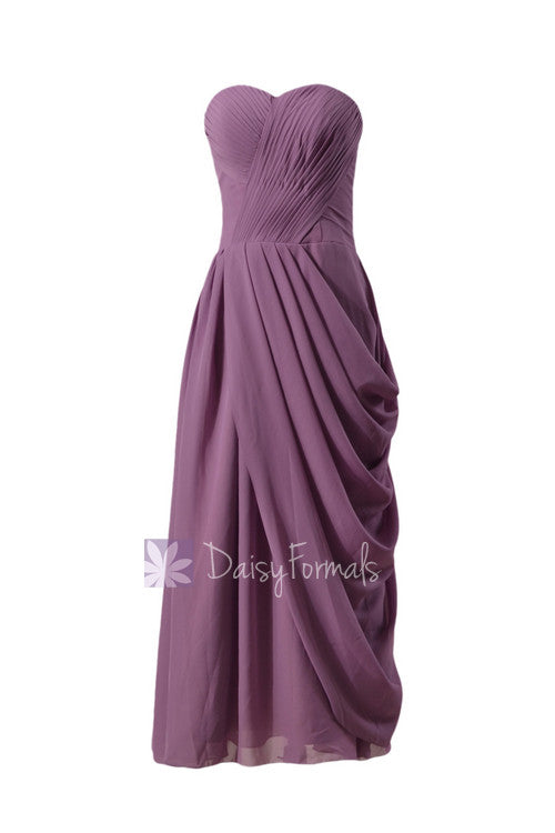 Pale mute lilac strapless bridesmaid dress long lilac sweetheart chiffon formal dress(bm810l)