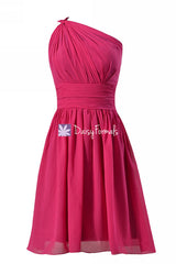 Bright fuchsia affordable one-shoulder chiffon bridesmaid dresses cocktail dresses(bm837)