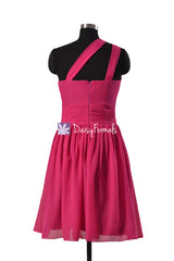 Bright fuchsia affordable one-shoulder chiffon bridesmaid dresses cocktail dress(bm837)