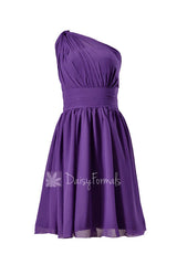 Amethyst mesth one-shoulder chiffon party dress regency purple short bridesmaid dress(bm837)