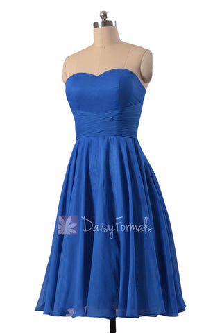 New Knee Length Chiffon Cocktail Dress Strapless Royal Blue Bridesmaid Dress(BM8487S)