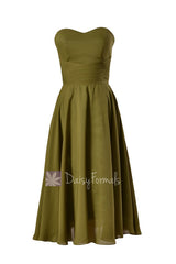 Tea length dark olive unique bridesmaid dress sweetheart chiffon party dress(bm8487t)