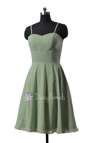 Knee Length Cocktail Dress Green Chiffon Bridal Party Dress W/Spaghetti Straps(BM8487E)