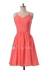 Soft chiffon discount bridesmaid dress short coral formal dress w/spaghetti straps(bm8515)