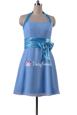 Knee Length Chiffon Bridesmaids Dress Chicory Blue Party Dress Medium Blue Chiffon Dress (BM8529)