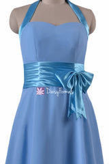 Knee length cheap chiffon bridesmaids dress chicory blue party dress medium blue chiffon dresses (bm8529)