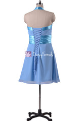 Knee Length Chiffon Bridesmaids Dress Chicory Blue Party Dress Medium Blue Chiffon Dress (BM8529)