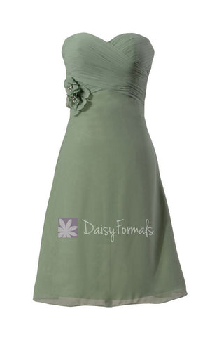 Knee Length Chiffon Dress Sweetheart Green Bridesmaid Dress W/Hand Made Flowers(BM8534)