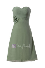 Knee length elegant chiffon dress sweetheart green online bridesmaid dress w/hand made flowers(bm8534)