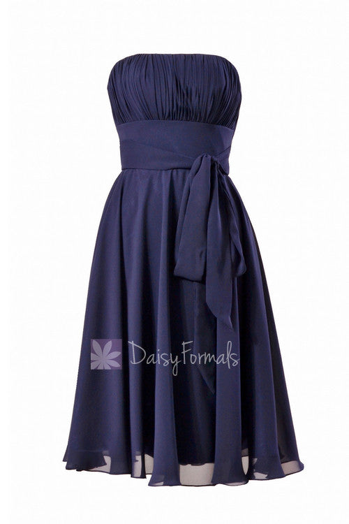 Navy strapless bridesmaid dress online short bridal party dress with sash(bm856)