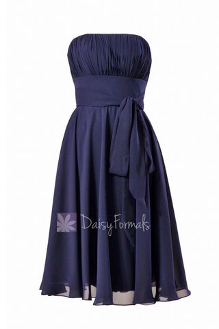 Navy Strapless Bridesmaid Dress Short Bridal Party Dress with Sash(BM856)