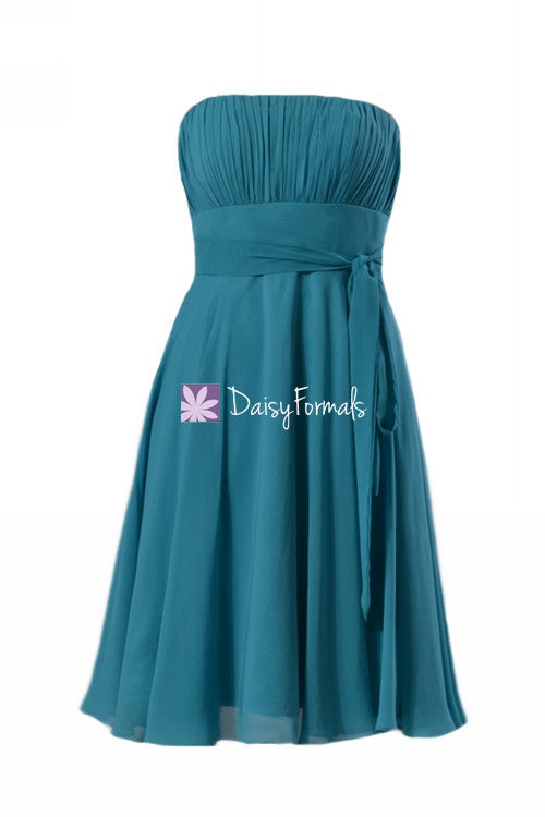 Romantic cyan inexpensive chiffon bridesmaid dress delicate strapless a-line party dress (bm856)